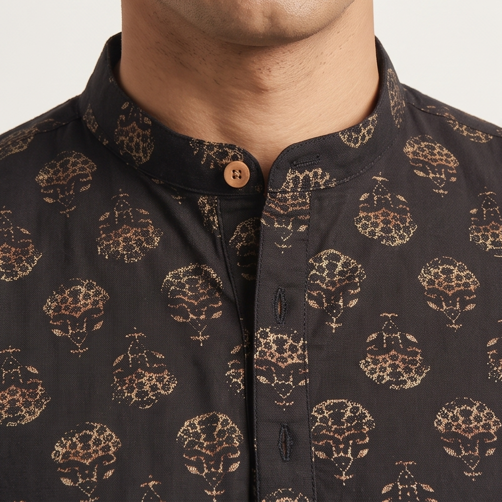 Black Short Kurta with Traditional Block Print