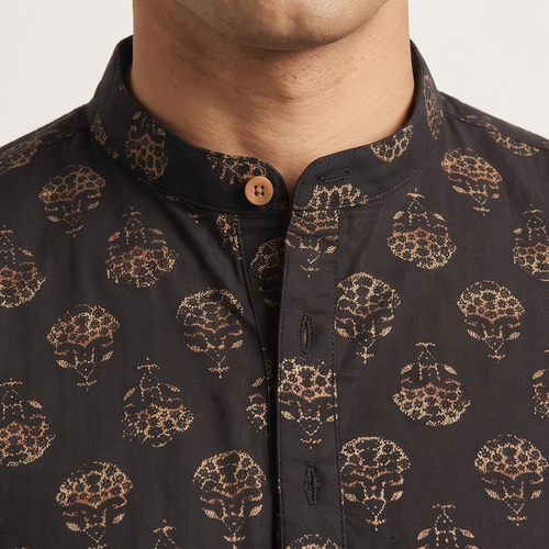Black Short Kurta with Traditional Block Print