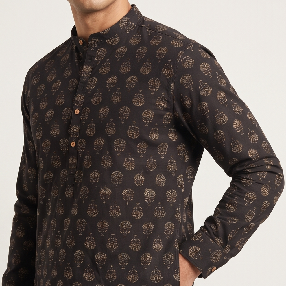 Black Short Kurta with Traditional Block Print