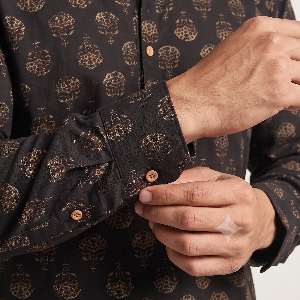 Black Short Kurta with Traditional Block Print
