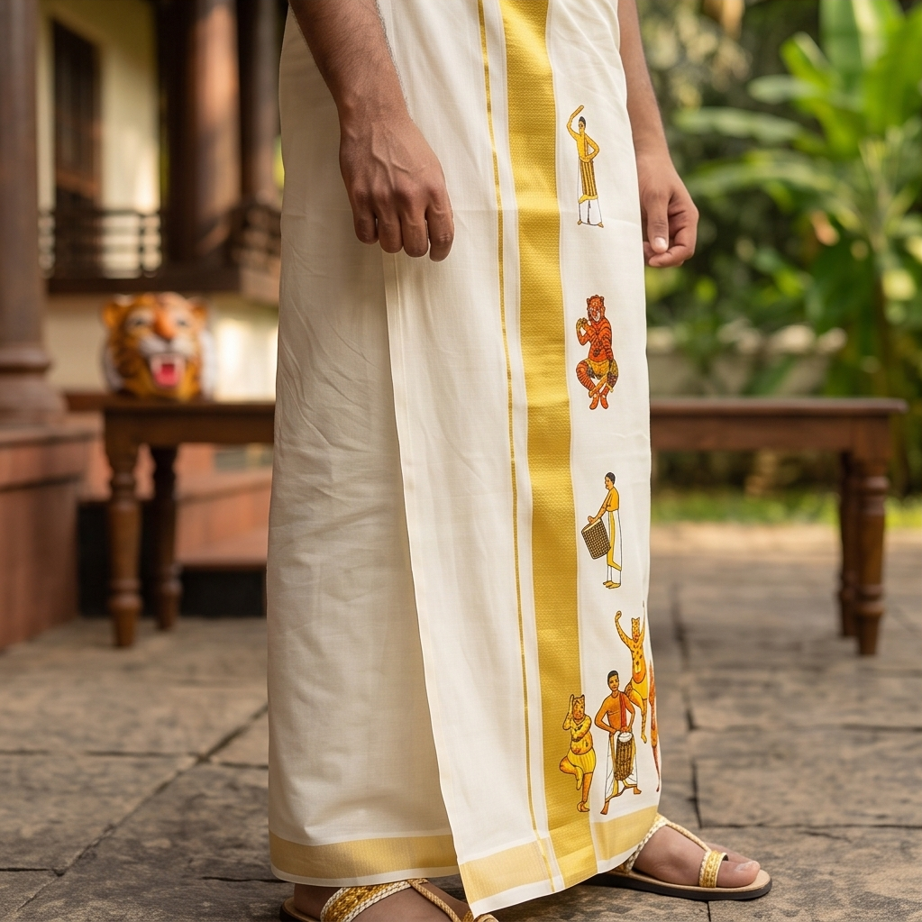 Kerala Kasavu Mundu with Pulikali Motif