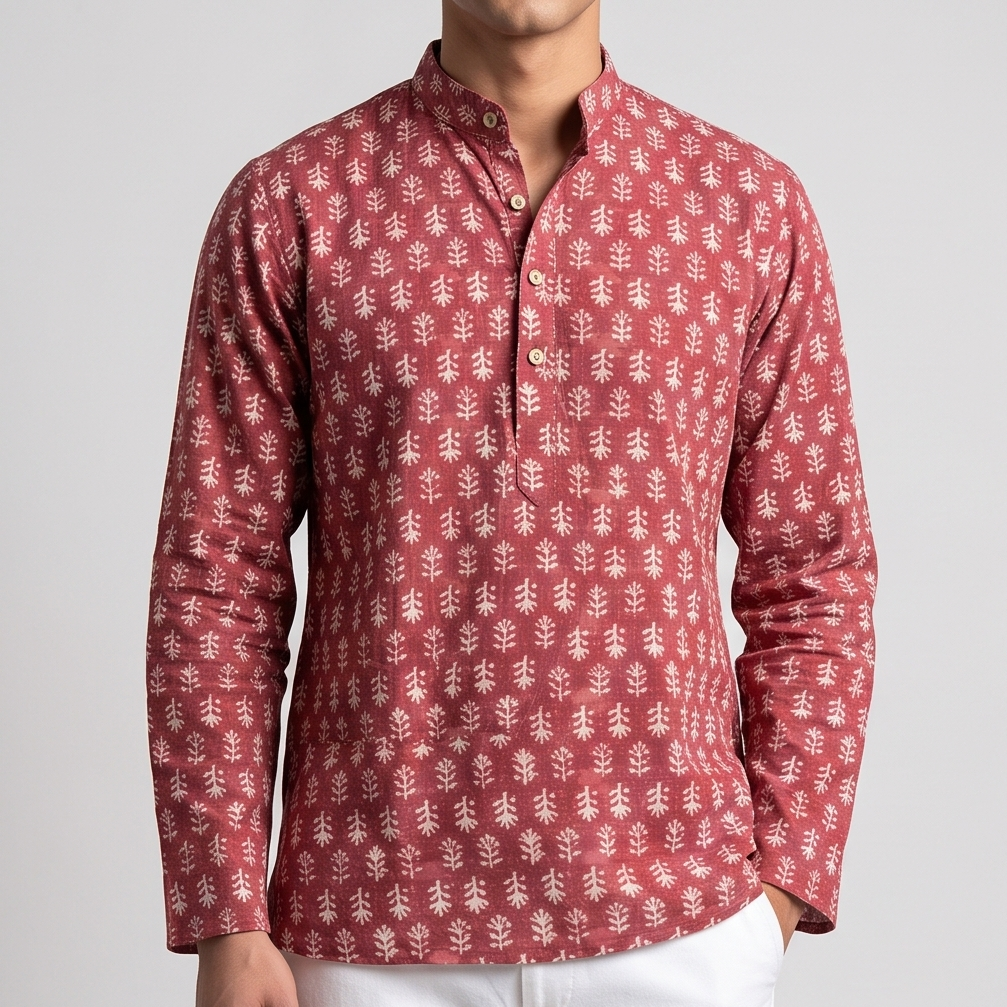 Maroon Short Kurta with Tree-of-Life Block Print