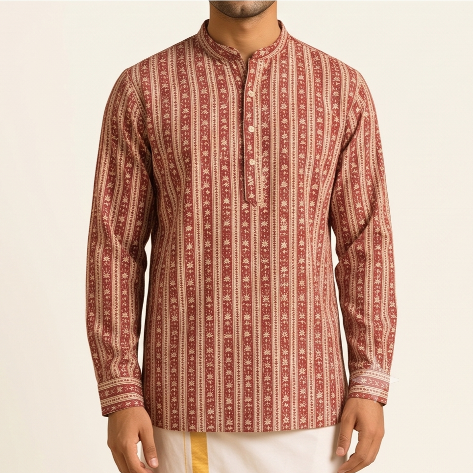 Maroon Floral-Striped Short Kurta