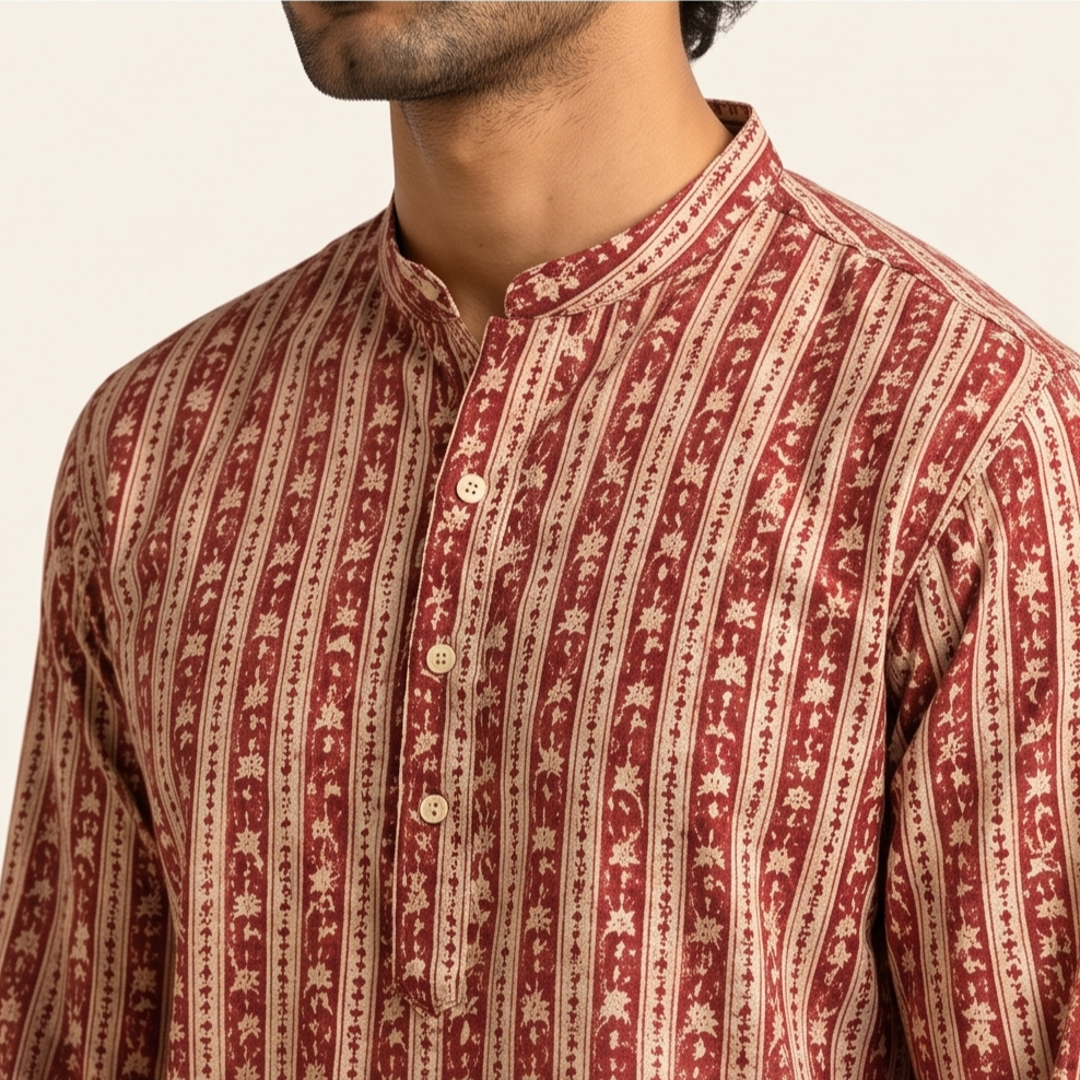 Maroon Floral-Striped Short Kurta