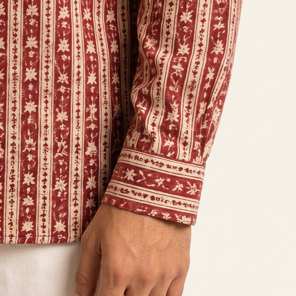 Maroon Floral-Striped Short Kurta