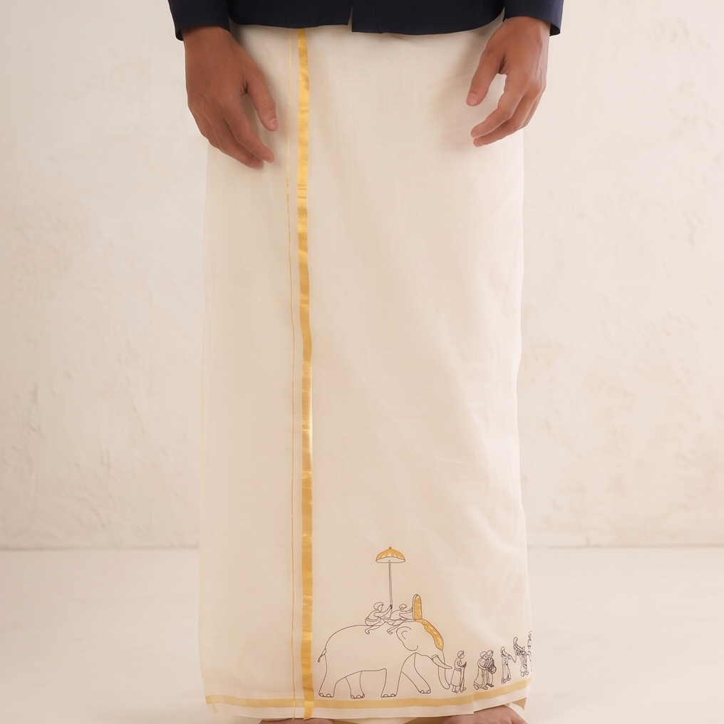 Kerala Kasavu Mundu with Elephant Procession Motif