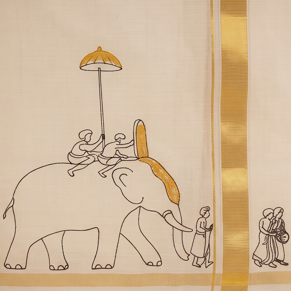 Kerala Kasavu Mundu with Elephant Procession Motif