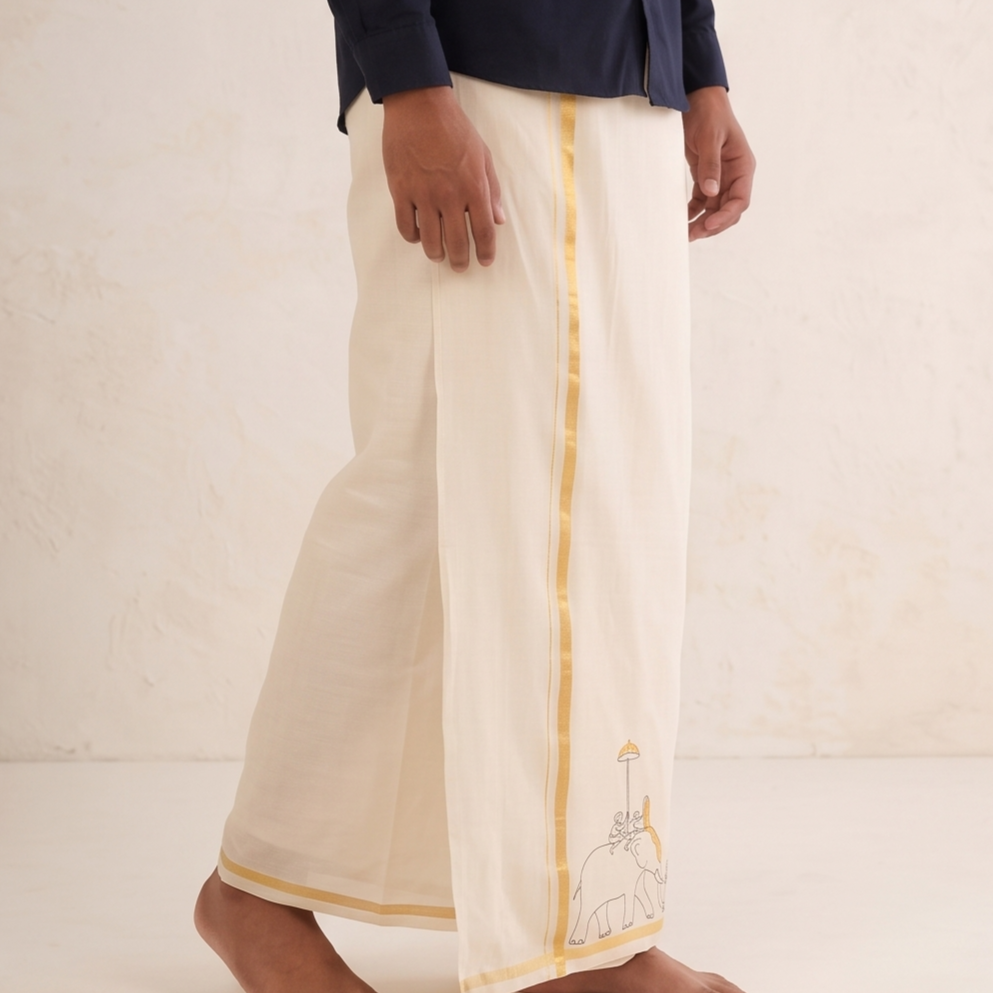 Kerala Kasavu Mundu with Elephant Procession Motif