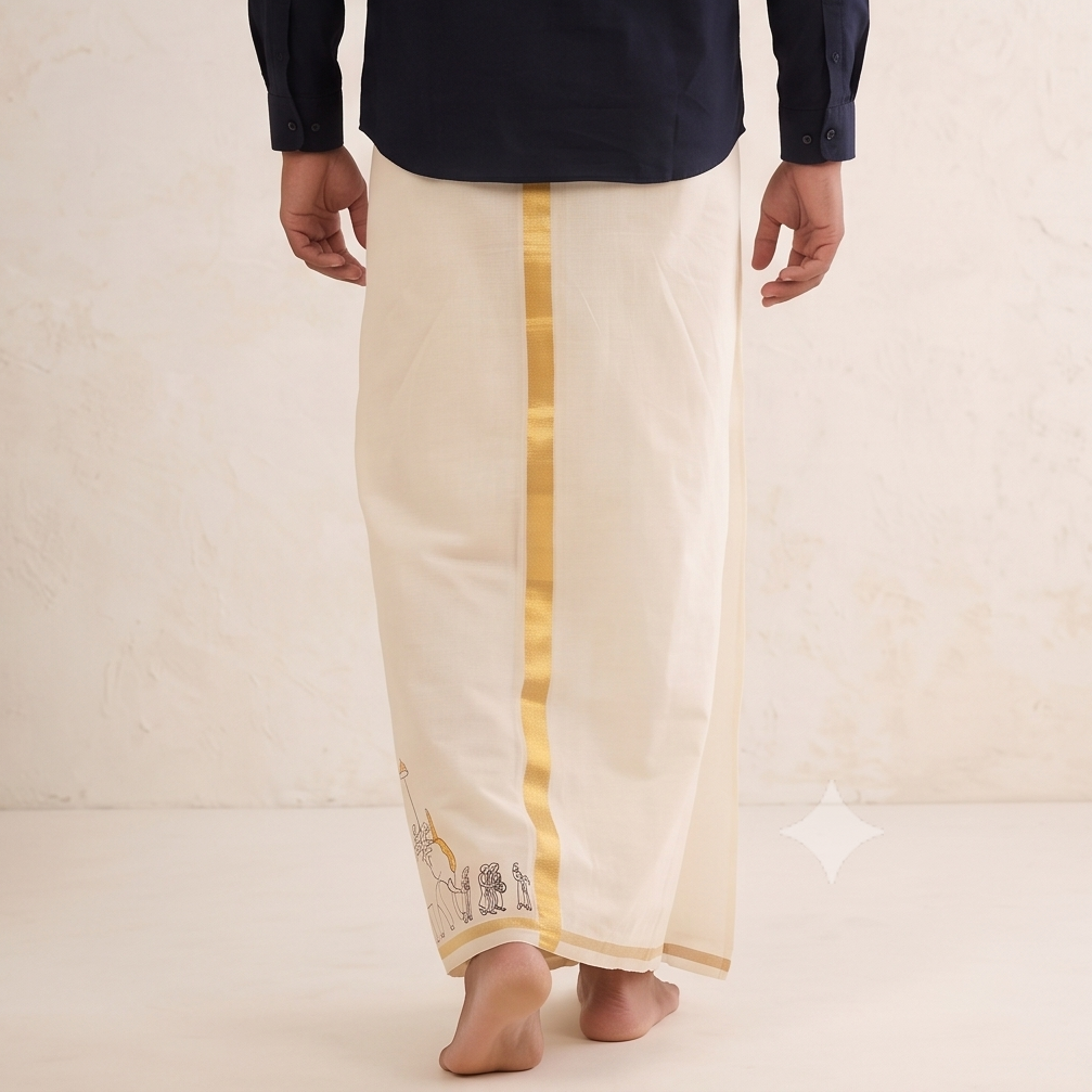 Kerala Kasavu Mundu with Elephant Procession Motif